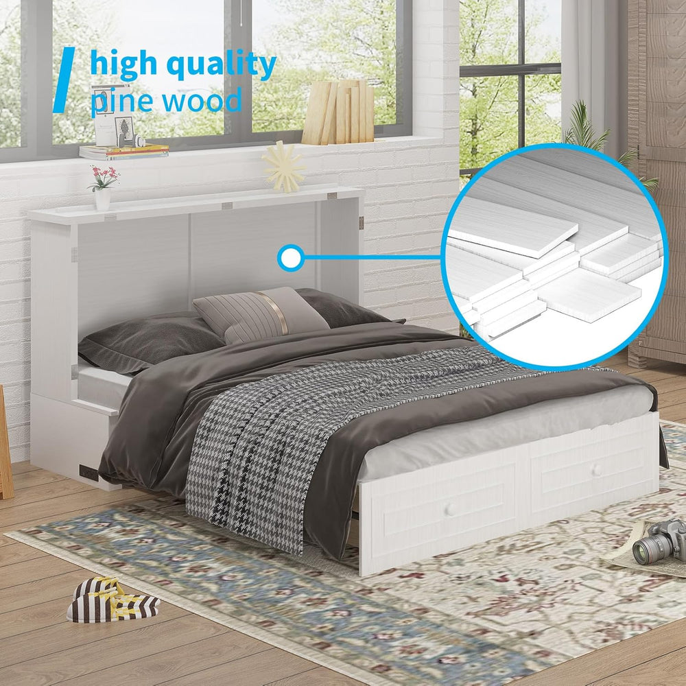 Mjkone Murphy Cabinet Bed Queen Size White No Mattress | with Tri-Folding Mat...