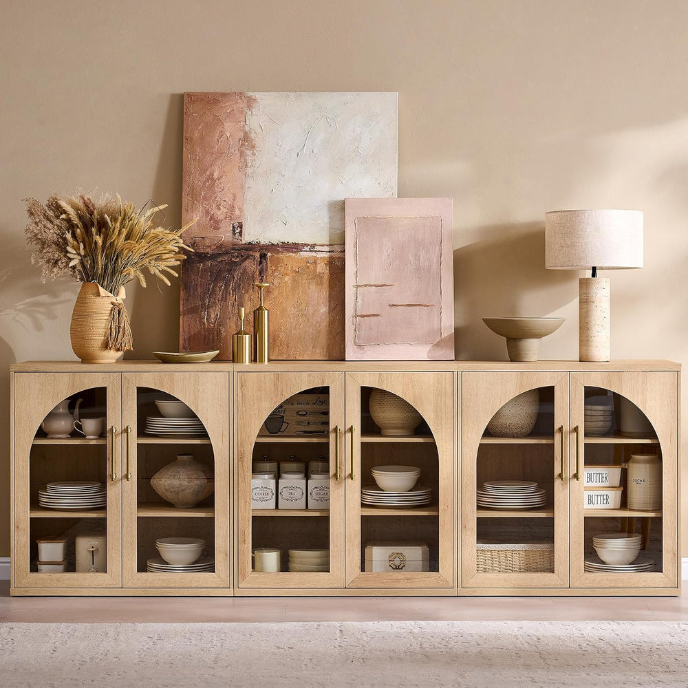 ACCOHOHO Glass Arched Door Sideboard Buffet Cabinet Set of 2, Natural Oak