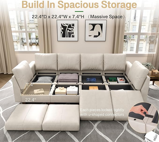 SITJOY 118" Faux Leather Modular Sectional Sofa with Storage, Mid Century Modern Sectional Couches for Living Room, Soft Padded Armrests, 8 Seat Sofa Bed, Greige