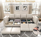 SITJOY 118" Faux Leather Modular Sectional Sofa with Storage, Mid Century Modern Sectional Couches for Living Room, Soft Padded Armrests, 8 Seat Sofa Bed, Greige