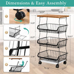 VECELO 4-Tier Fruit Basket with Wheels, Fruit and Vegetable Storage Cart for Kithchen, Stackable Produce Organizer Wire Baskets for Kitchen, Pantry, Living Room
