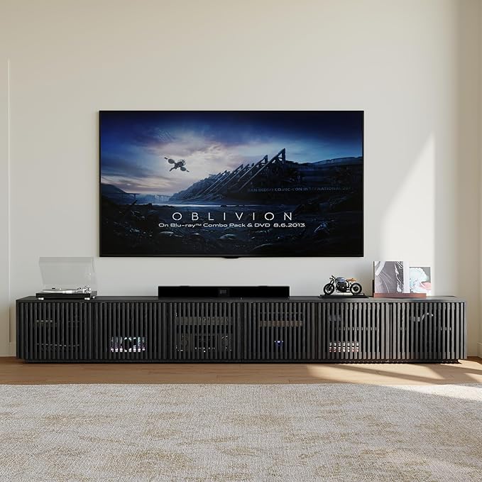 POVISON Full Assembled Mid Century Modern TV Stand, 118” Extra-Large Entertainment Center for 100 inch TV, Wood Slatted TV Media Console with Storage for Living Room Bedroom