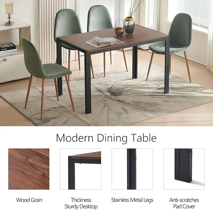5 Pcs Kitchen Table Set for 4, 47" MDF Dining Table with Walnut Wood Grain, 4 Upholstered Chairs Green Velvet Dining Chair Armless with Metal Legs for Kitchen, Living Room