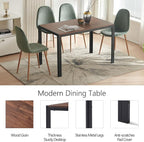 5 Pcs Kitchen Table Set for 4, 47" MDF Dining Table with Walnut Wood Grain, 4 Upholstered Chairs Green Velvet Dining Chair Armless with Metal Legs for Kitchen, Living Room