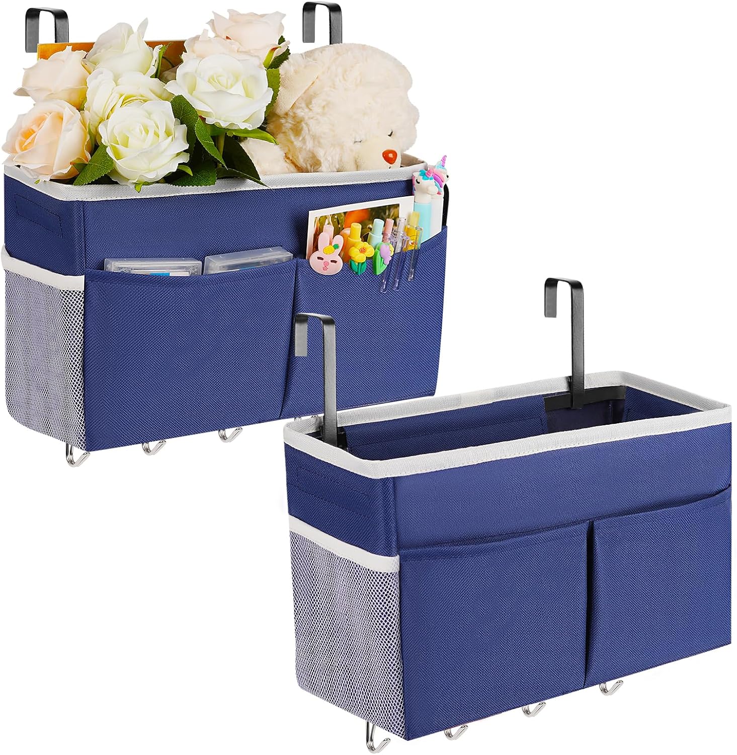 Bedside Storage Organizer 5 Pockets with 4 Hooks Hanging Storage Bag for Headboards/Bunk Bed (2Pack Dark Blue)