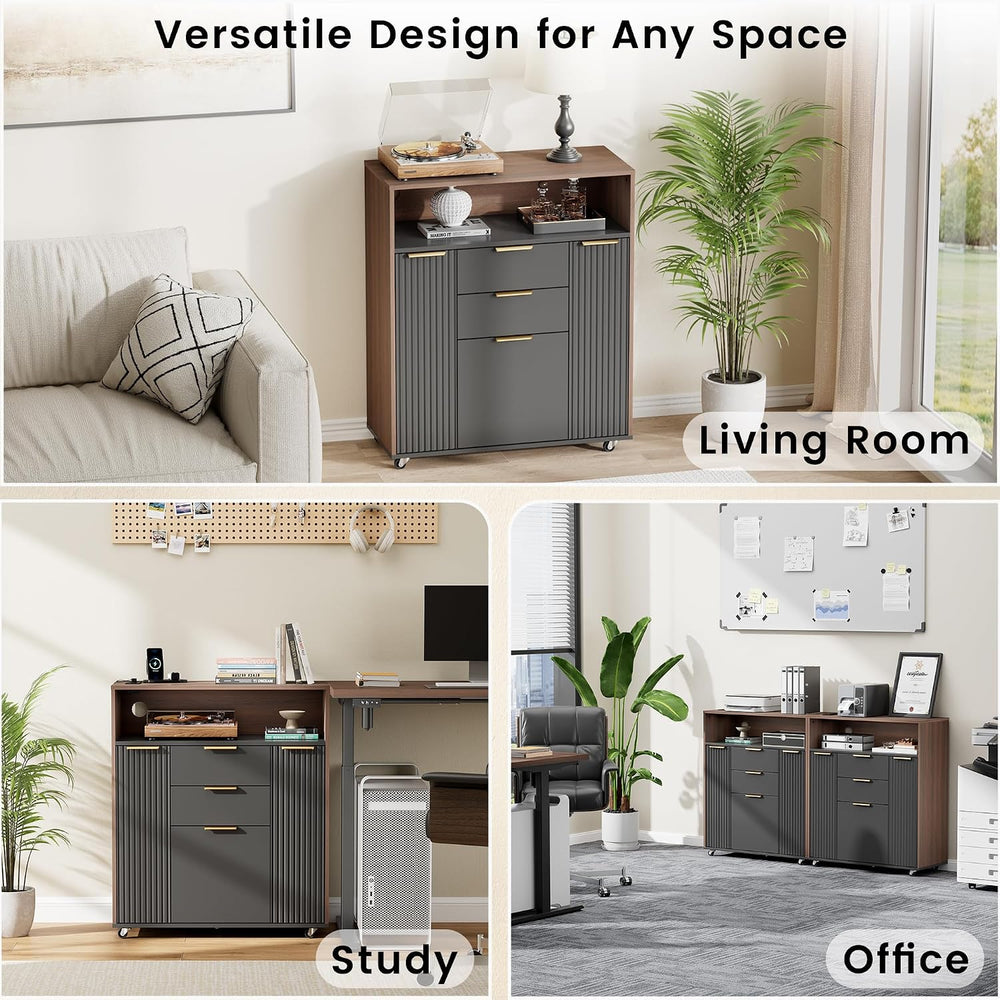 ModernMate Fluted Mobile Office File Cabinet with 3 Drawers, 37" Rolling...