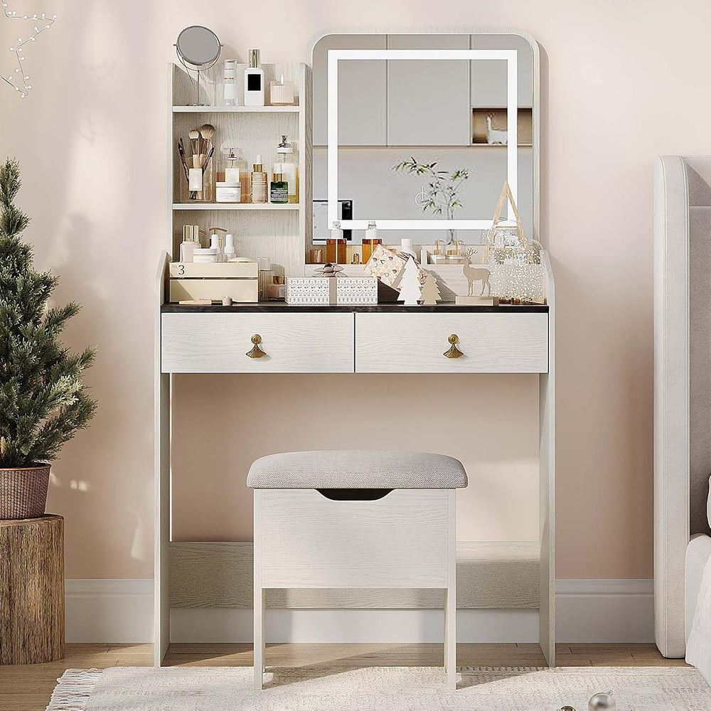 GarveeHome Vanity Desk with LED Light Mirror and Charging Station, Small Make...