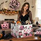 Clastyle Pink Halloween Spooky Basket Stuffers Nursery Kid Room Spide Bat Ghost Pumpkin Boo Basket Clothes Book Toy Storage Bin Box for Shelves, Cauldron, 40 * 30 * 30 cm
