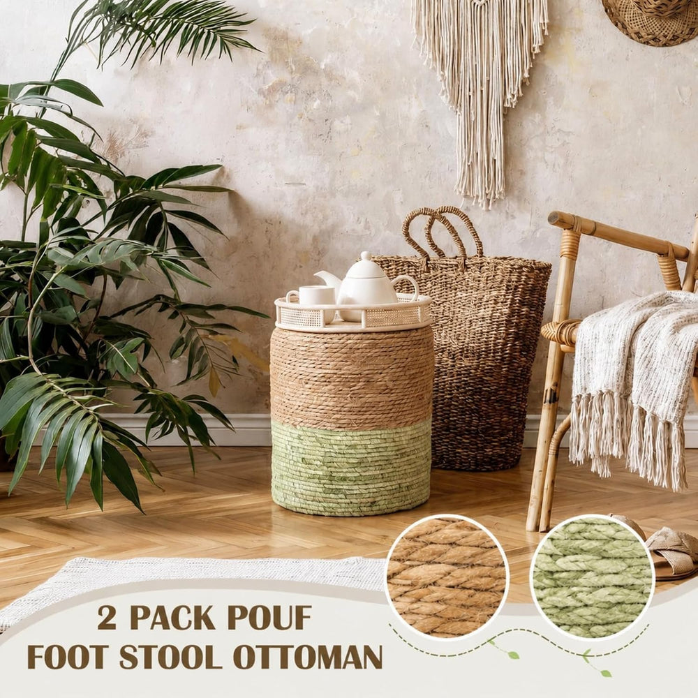 Barydat 2 Pcs 15'' Ottoman Pouf Natural Seagrass Braided Poof Hand We...