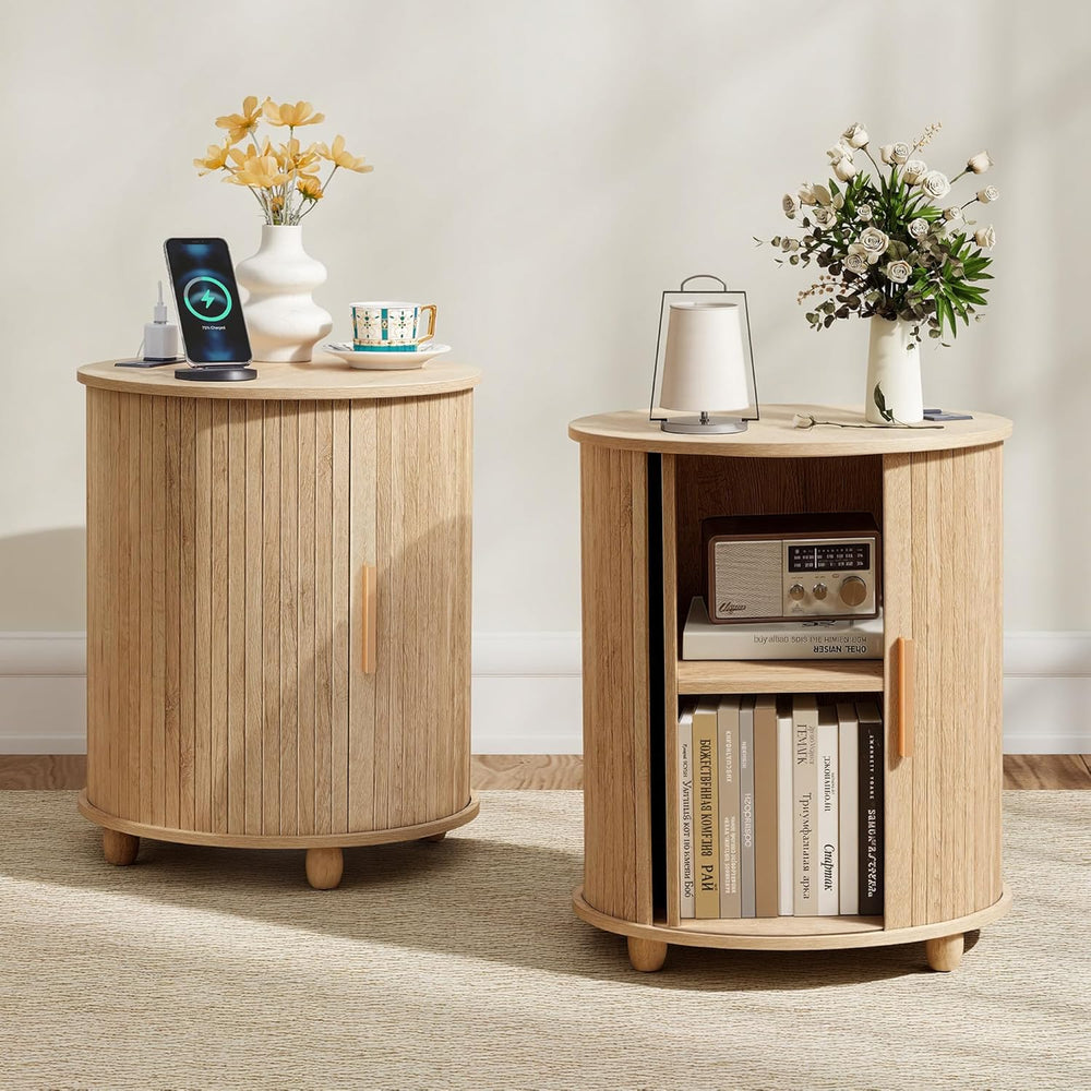 Set of 2 Fluted Round End Table with Charging Station, Small Farmhouse Sofa S...