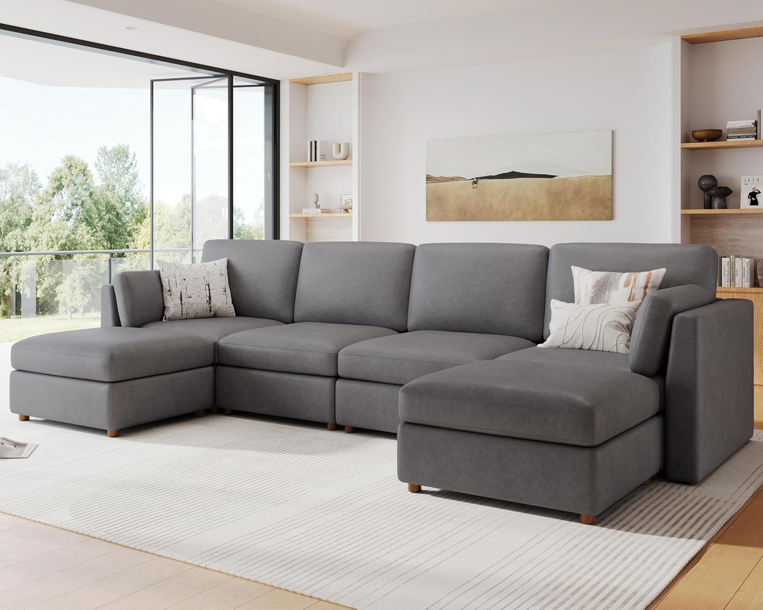 Faux Leather Modular Sectional Sofa Wide U Shaped Couches Grey | Oversized Couches for Living Room, Extra Large 6 Seater Comfy Luxury Deep Seat Couch