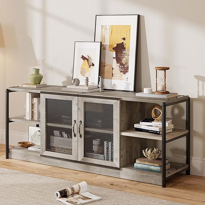 IDEALHOUSE Farmhouse TV Stand for 65/75 Inch TVs, Entertainment Center with Storage Cabinet, Industrial Media Console Table, Furniture for Living Room, Grey