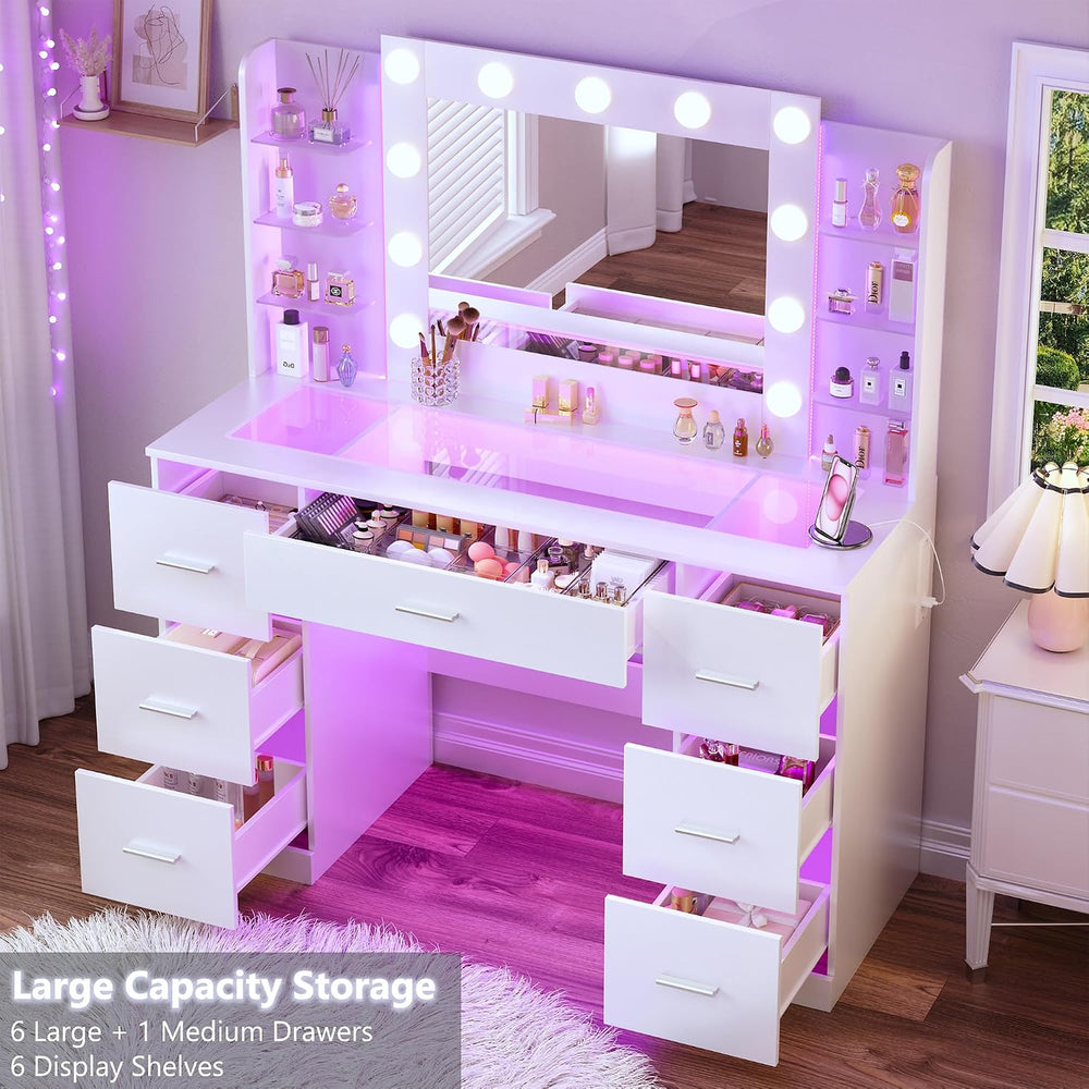 HUAHUU Vanity Desk with Mirror and Hollywood Lights, Makeup Vanity 6 Backlit ...