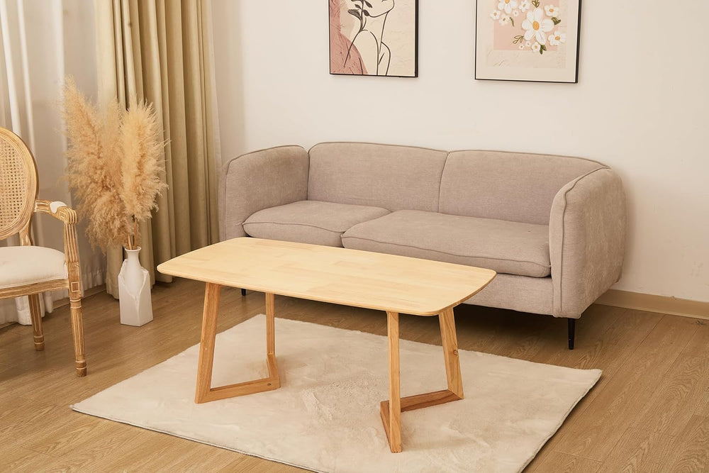 Mid-Century Modern Rectangular Coffee Table, Solid Wood Small Coffee Table wi...