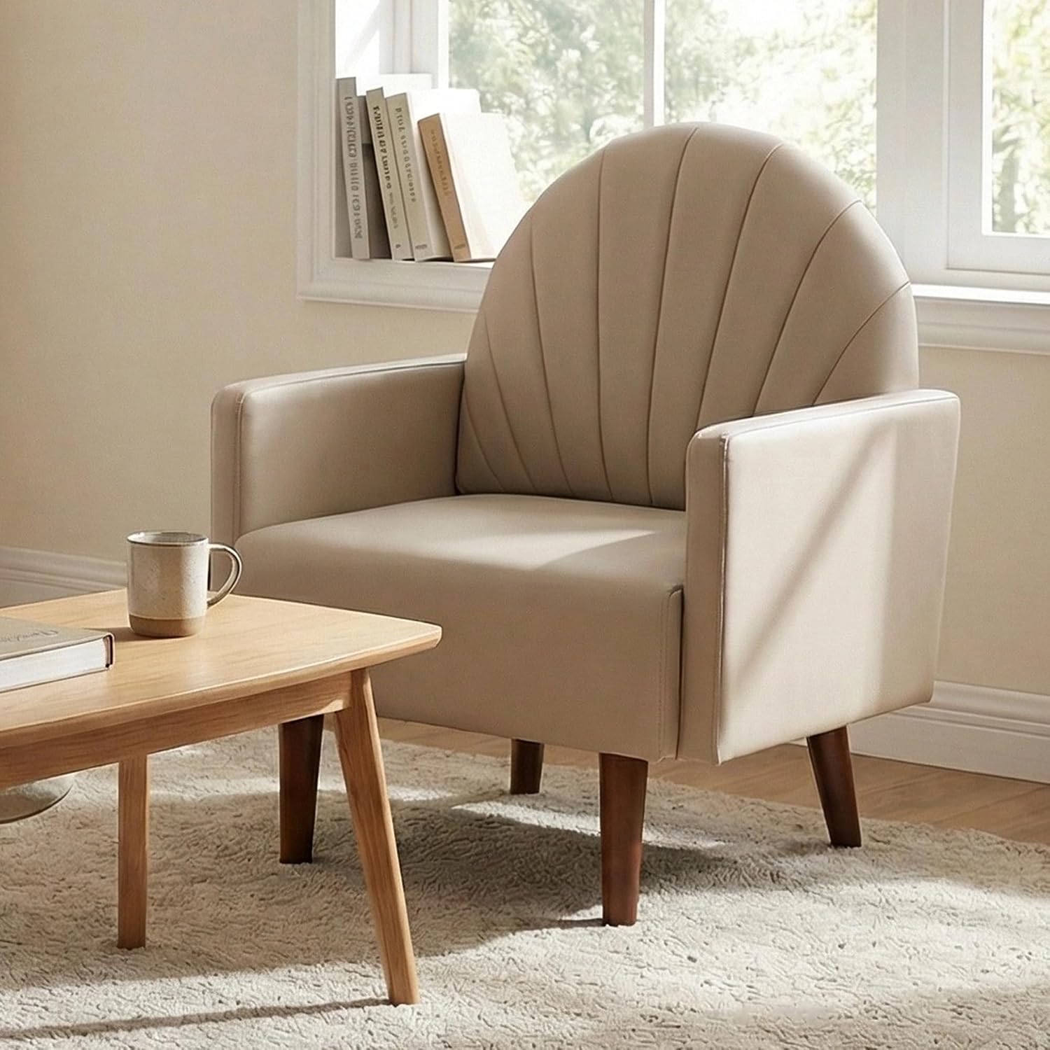 Modern Accent PU Chair, Living Room Chair Upholstered Single Sofa Chair with 4 Sturdy Legs, Contemporary Reading Chair for Living Room, Reading Room, Bedroom (Cream with Shell backrest)