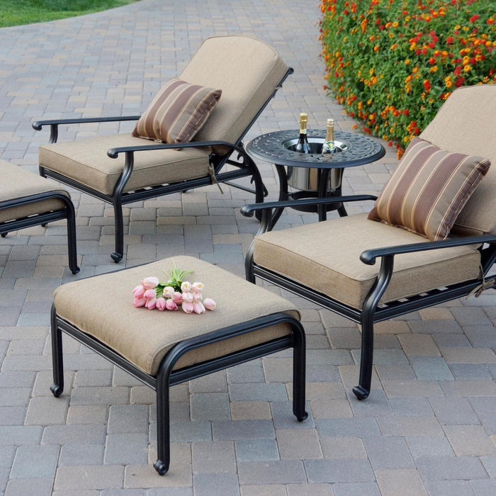 Darlee Nassau 5 Pc Cast Aluminum Seating Set w/ 24 Inch Series 60 Ice Bucket End Table & Reclining Chairs & Throw Pillows in Antique Bronze/Sesame