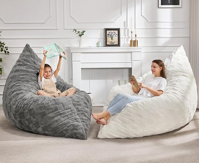 Hobestluk 3 in 1 Bean Bag Chair Giant Bean Bag Chairs for Adults with Plaid Cover Convertible Bean Bag Floor Cushion with Machine Washable Cover for Living Room (Plaid White)