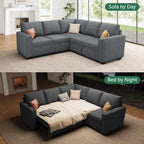 HONBAY Modular Sectional Sleeper Sofa with Pull Out Bed, Chenille L Shaped Couch with Storage Seats, Convertible Sectional Couches for Living Room, Bluish Grey