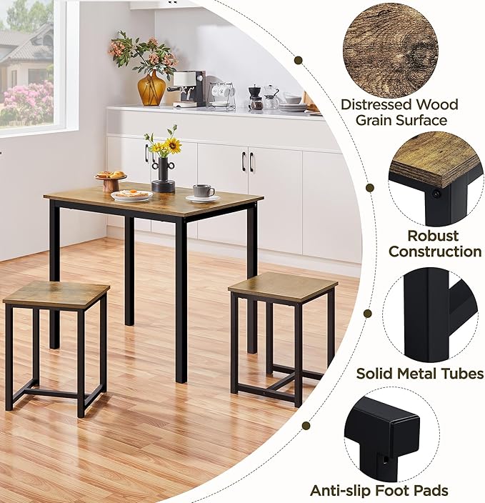 Yaheetech Industrial Dining Kitchen Table Set for 2 Breakfast Nook Table w/ 2...