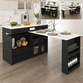 Retro Kitchen Island with Extendable Rotating Tabletop, Power Outlets, Glass Door Cabinets, 4 Drawers, Ships in 2 Boxes (Black & Marble Veneer)