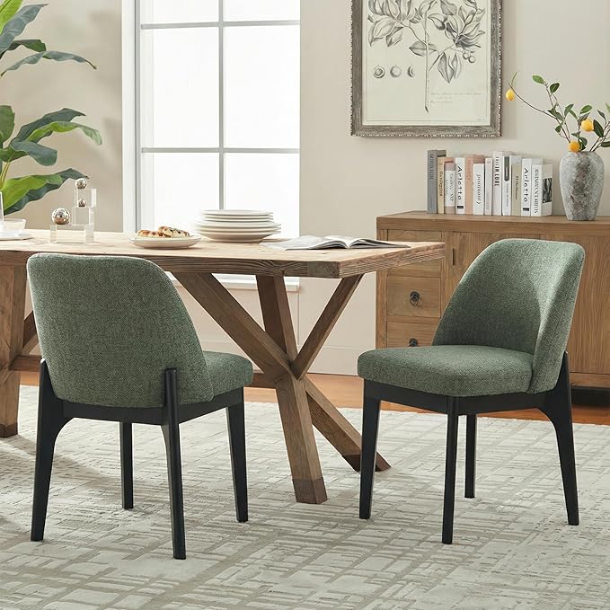 VKNOW Wooden Dining Chairs Set of 2, Upholstered Dining Room Chairs with Rubberwood Legs and Padded Seats, Kitchen Chairs for Restaurant Kitchen Living Room, Green