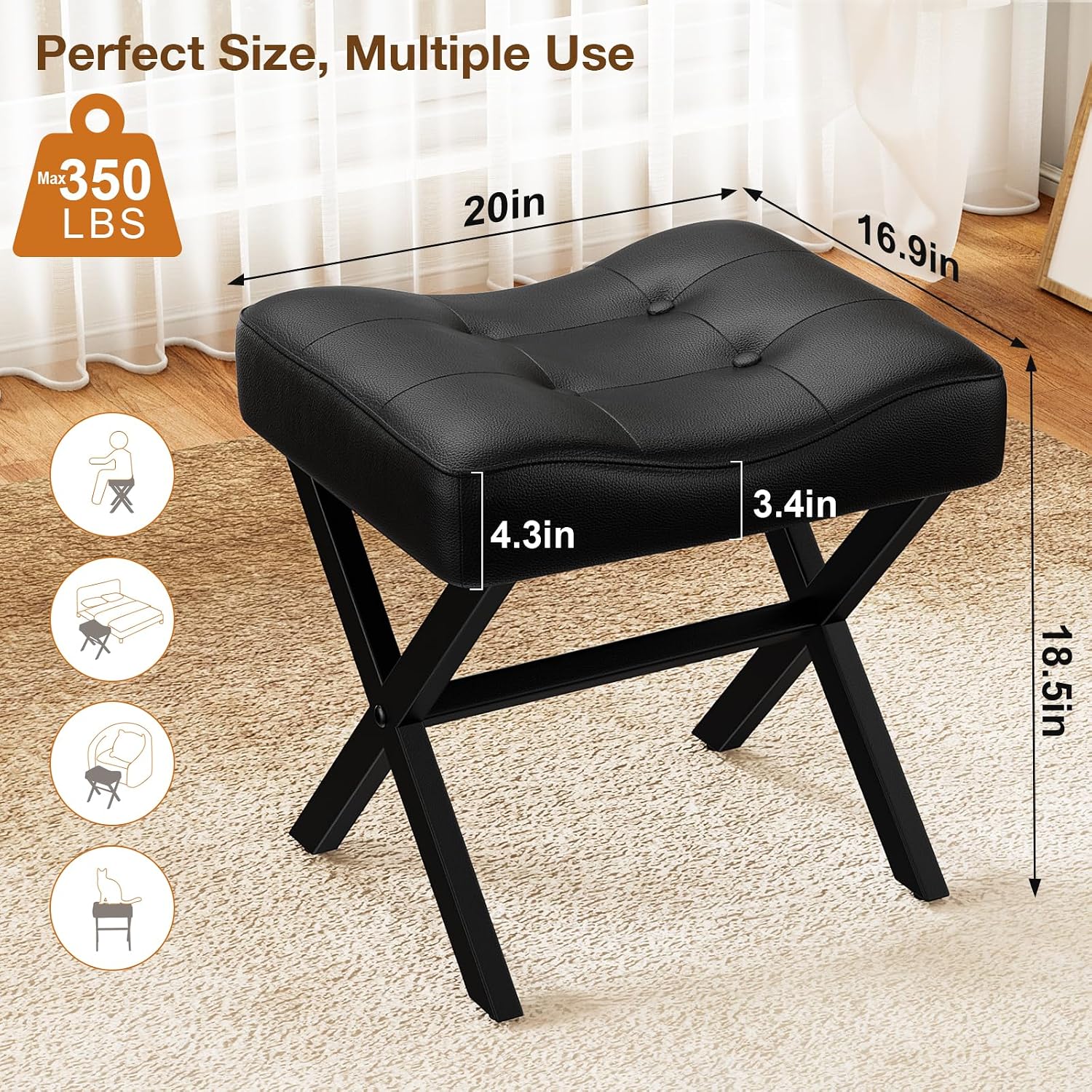 Memobarco 18-Inch Large Leather Vanity Stool Chair, Black Makeup Stool | Vanity Bench, Metal X-Leg, 350 LBS, 20"x16.9"x18", Ottoman Accent Stool, Thick Padded Saddle Seat, For Living Room Bedroom
