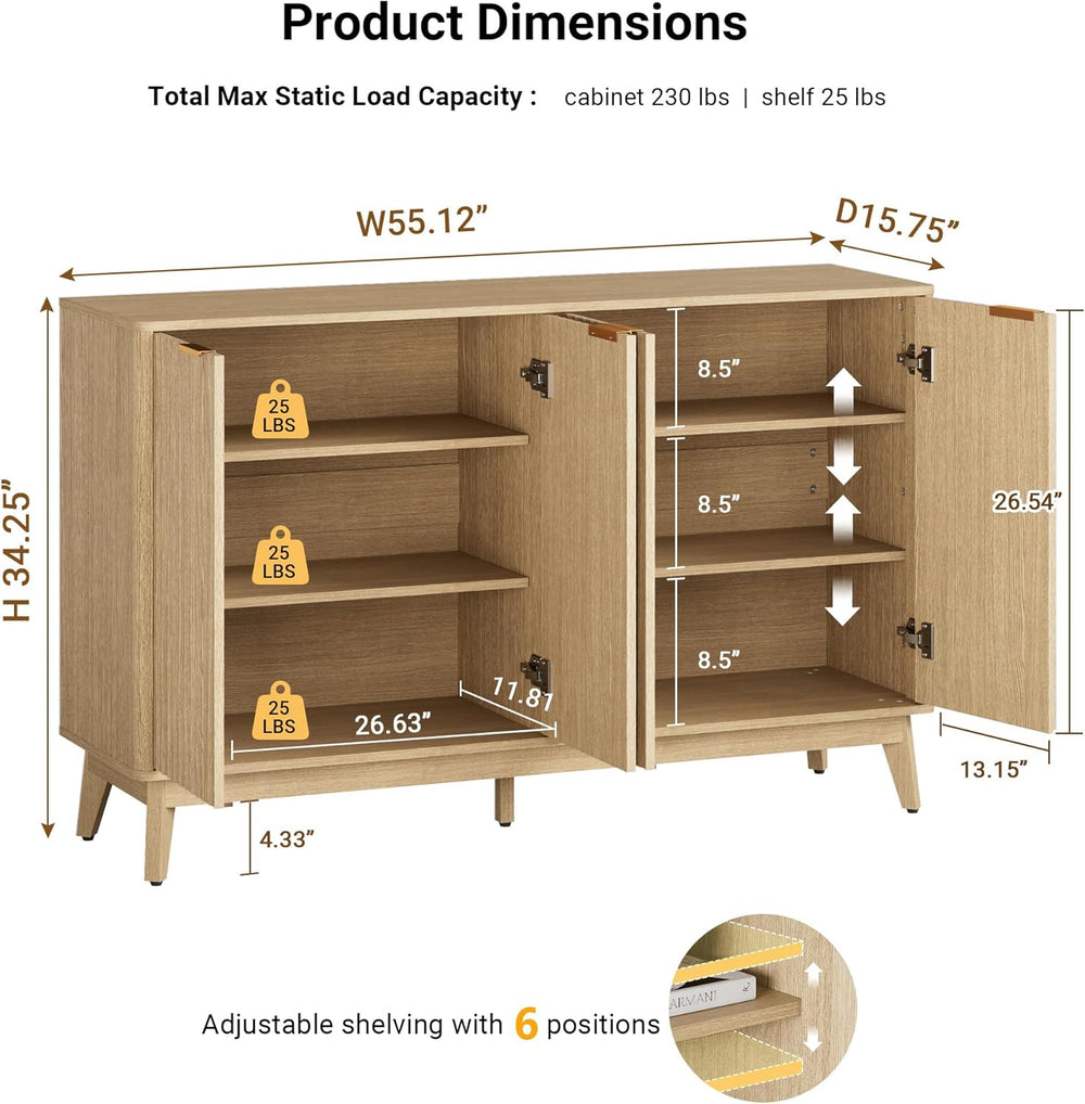 Sideboard Cabinet, 55'' Buffet Cabinet, Modern Fluted Storage Cabinet...