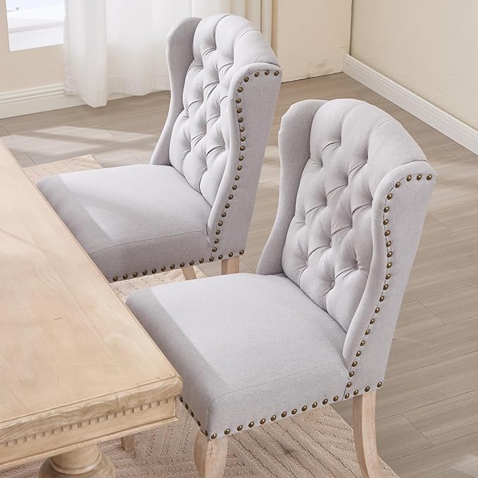 Upholstered Dining Chairs Set of 4 for Kitchen and Dining Room Farmhouse Fabric Tufted Accent Chairs for Living Room and Bedroom with Wooden Legs, Grey