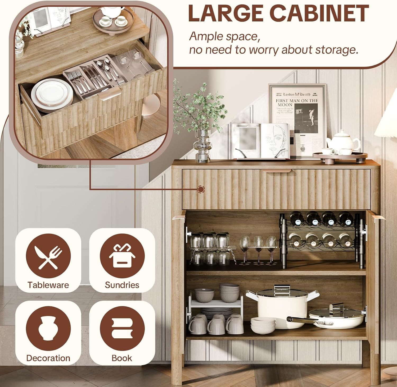 Fluted Buffet Cabinet Accent with Doors & Drawer 31" Oak | Anti-tipping Design, Scratch & Water-resistant, Pre-drilled Easy Assembly Versatile for Kitchen, Entryway & Living Room