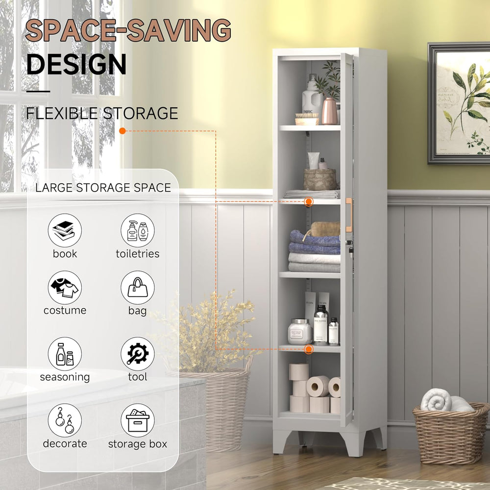 67" Tall Narrow Storage Cabinet Metal Bathroom Cabinet with Lockable and...