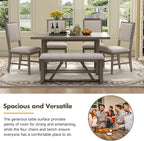 Merax Farmhouse Wooden Dining Set of 6, 59.6 inch Kitchen Table with Trestle Base, 4 Upholstered Chairs and 1 Bench, Easy Assemble Gray