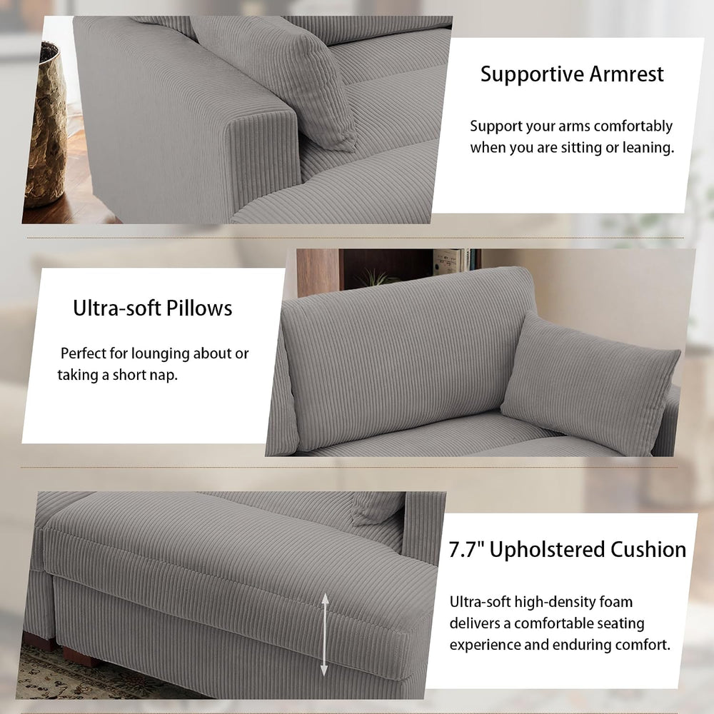 Oversized Corduroy Chaise Lounge Chair with Left Armrest & Cushion, Comfy...
