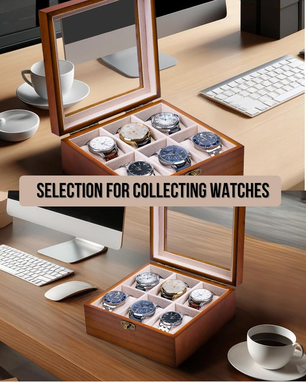 Watch Box, Watch Case for Men Women with Large Glass Lid, Wooden Watch Display Storage Box with 6 - Slots, Classic Walnut 6x2 Mens Watch Box Organizer