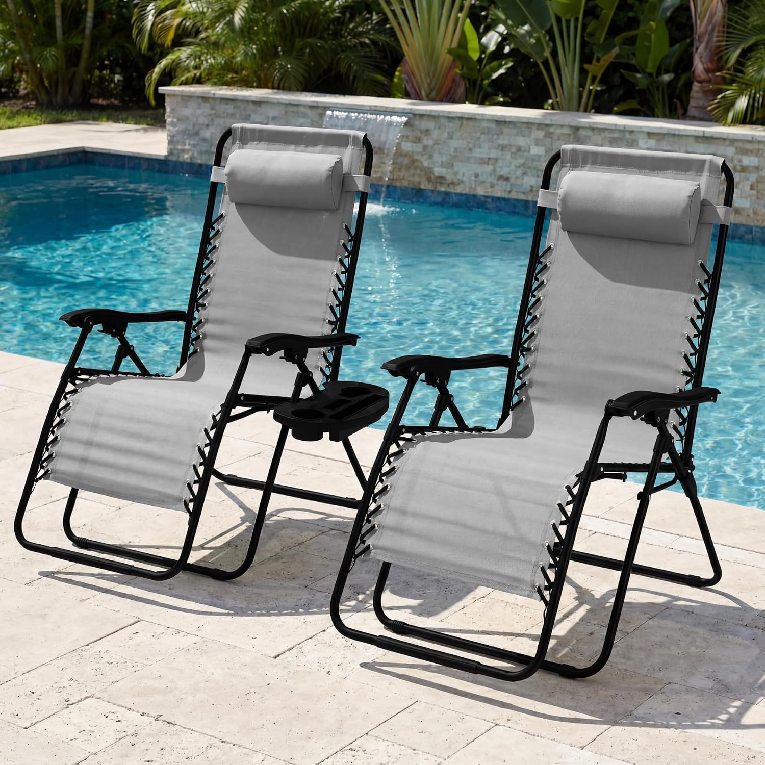 Best Choice Products Set of 2 Extra Wide Adjustable Steel Mesh Zero Gravity Lounge Chair Recliners w/Pillows and Cup Holder Trays - Ice Gray
