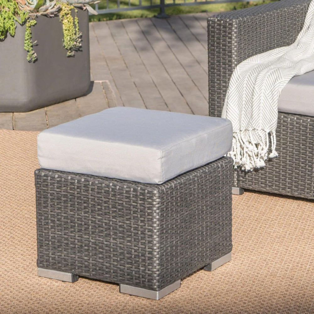 Hassyee PE Rattan Grey Patio Ottoman with Thick Cushions for Poolside, Lawn, ...
