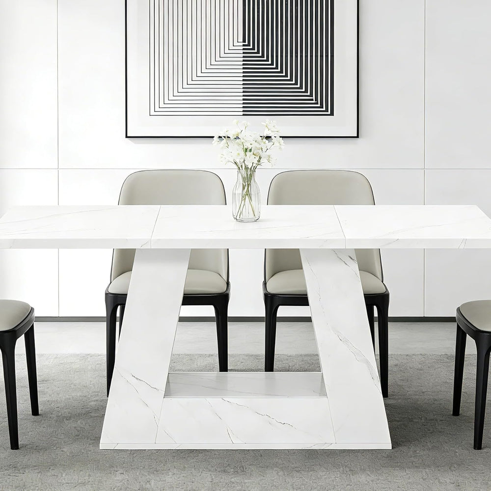 63" White Dining Table for 4-6 People, Modern Faux Marble Wooden Table w...