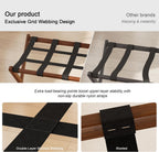 Fully Assembled Luggage Rack Set of 2 for Guest Room, Bamboo Suitcase Stand with Foldable Storage Shelf, Crossed Nylon Straps Folding Luggage Holder for Bedroom and Hotel, Walnut