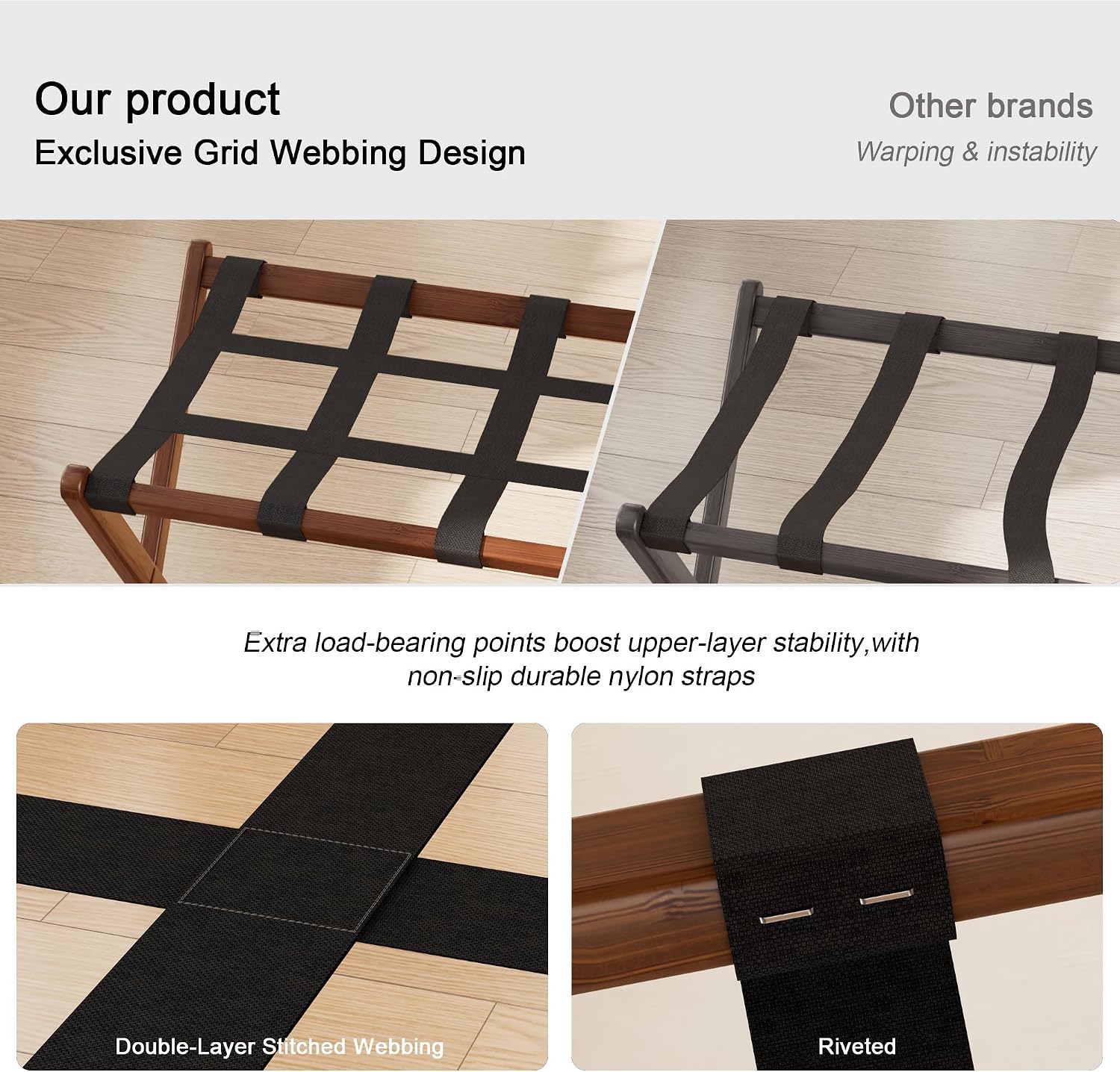 Fully Assembled Luggage Rack Set of 2 for Guest Room, Bamboo Suitcase Stand with Foldable Storage Shelf, Crossed Nylon Straps Folding Luggage Holder for Bedroom and Hotel, Walnut