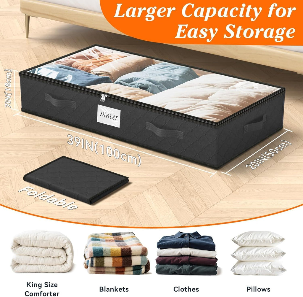 SpaceWhisper 90L Under Bed Storage Containers, 6-Pack Storage Bins with Clear Top, Foldable Closet Organizers and Storage with Label Holder for Clothing, Blankets, Comforter & Pillows(Black)