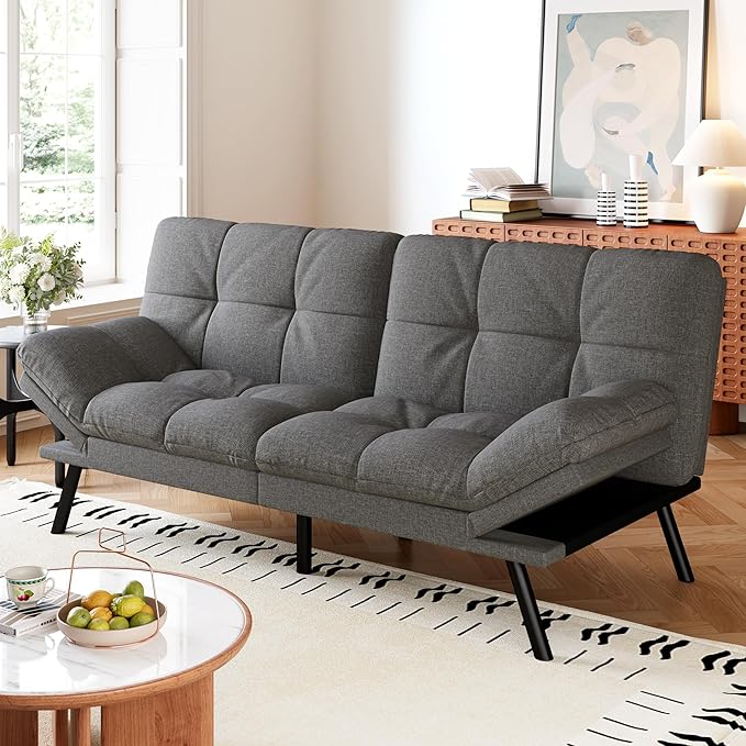 Convertible Futon Sofa Bed,Grey Linen Modern Futon Couch,Memory Foam Loveseat Sleeper Recliner,Detachable Cushion,Adjustable Backrest & Armrest,Couch for Living Room,Office,Apartment