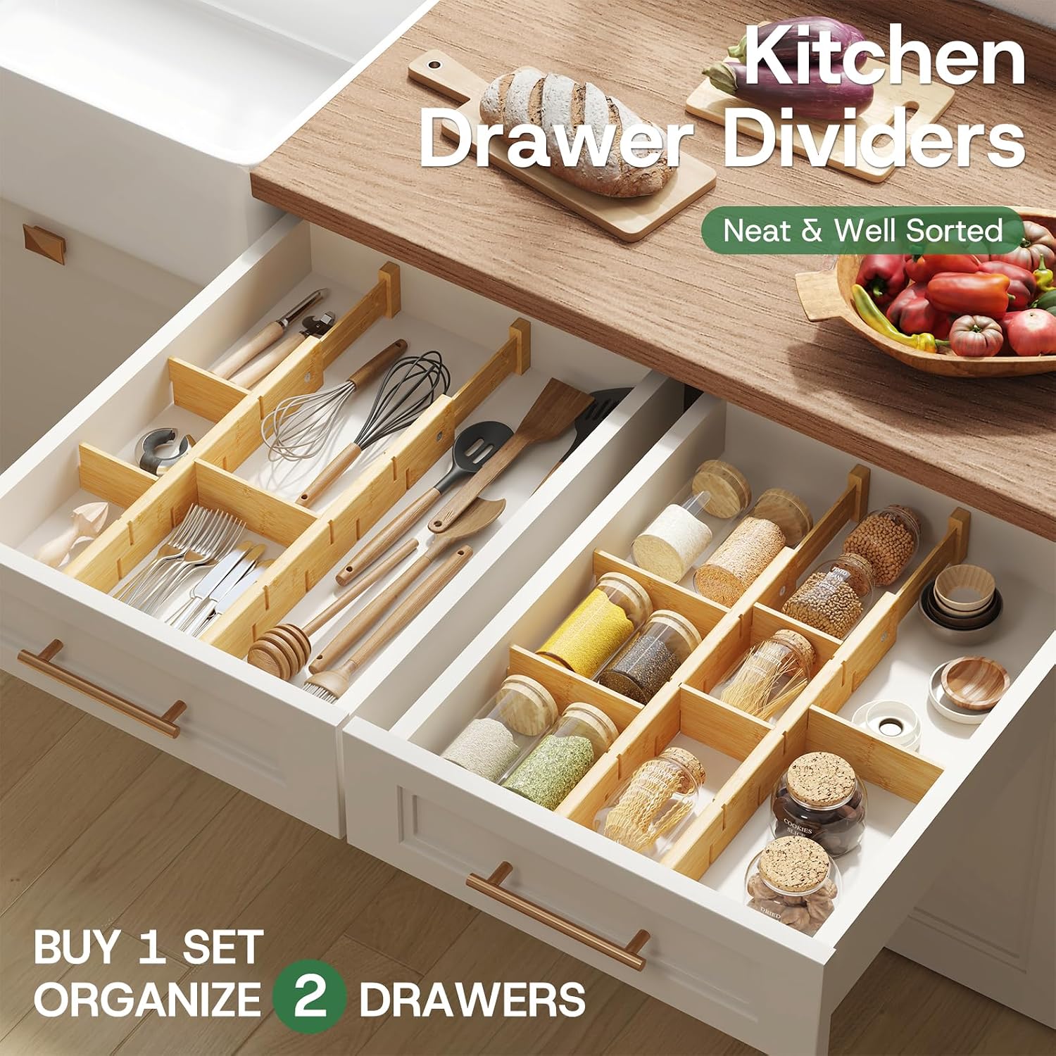 kiplant Kitchen Drawer Dividers - Adjustable Drawer Organizer for Clothes, Kitchen, Closet & Office - 4 Pack with Inserts, 18-22.6 Inches, Non-Slip Silicone Ends