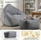 Bean Bag Chair with Ottoman for Adults, Large Corduroy Bean Bag Couch, Boneless Chaise Lounge Reading Chair with High-Resilience Foam, Floor Lounger for Bedroom Living Room (Grey)