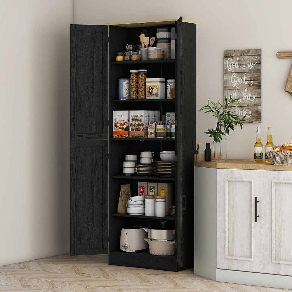 4-Door Mid-Century Freestanding Kitchen Pantry Cabinet with Full Adjustable S...