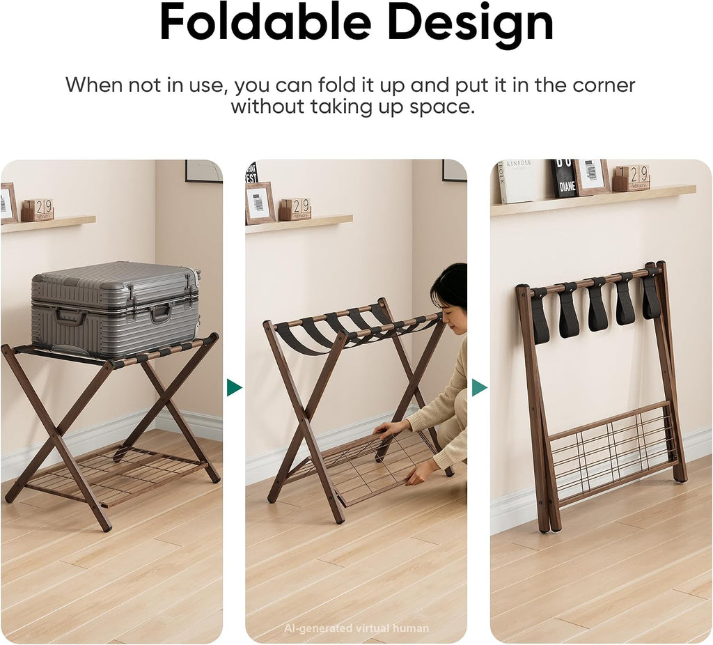 Smuxee Fully Assembled Walnut Grain Luggage Rack set of 2, Foldable Iron Suitcase Stand with 5 Nylon Straps, Luggage Holder with Shelf for Guest Room Bedroom Hotel