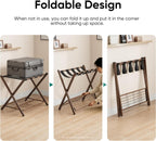 Smuxee Fully Assembled Walnut Grain Luggage Rack set of 2, Foldable Iron Suitcase Stand with 5 Nylon Straps, Luggage Holder with Shelf for Guest Room Bedroom Hotel