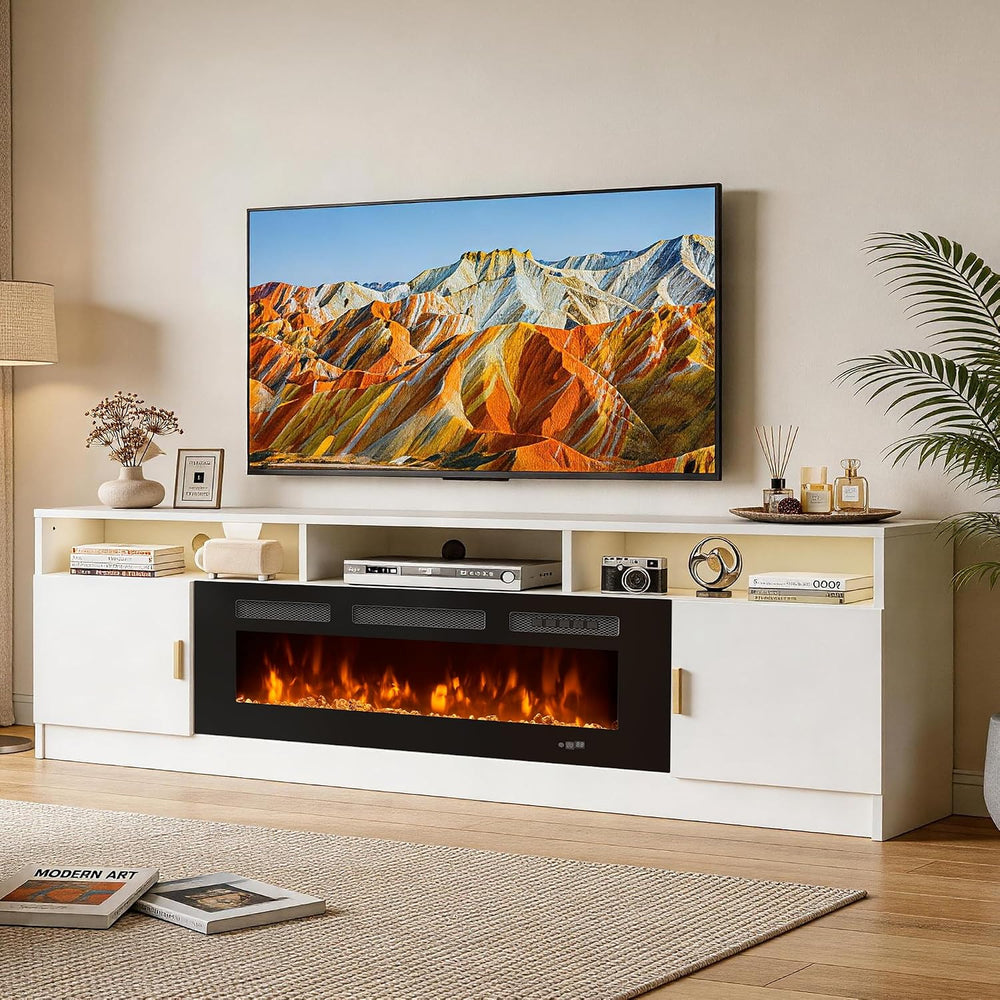 80" Fireplace TV Stand with Power Outlet, Electric Fireplace Entertainme...