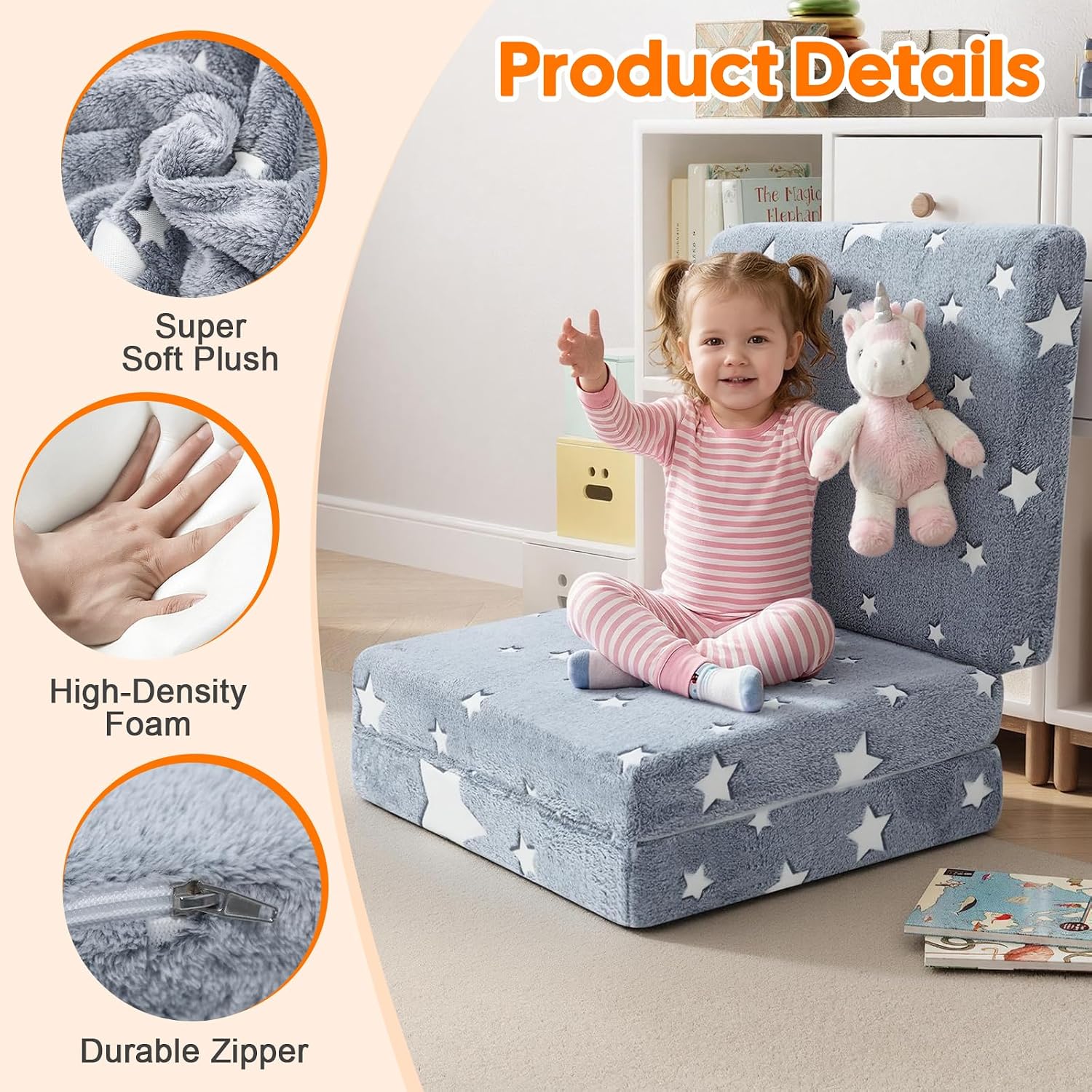 MeMoreCool Foldable Floor Mattress for Kids, Glow Star Trifold Mat, Kids Folding Mattress Portable Futon, 57x22 Inch Grey