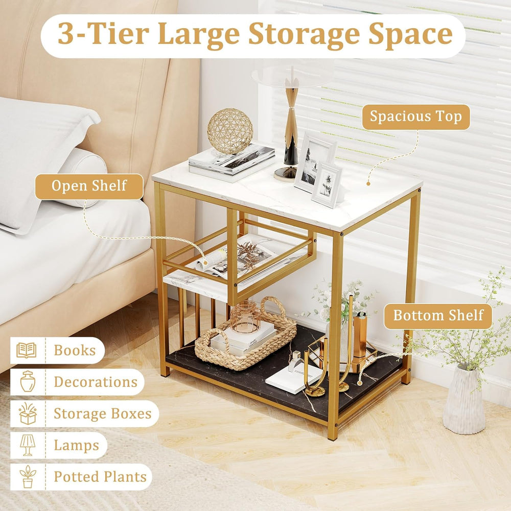 GOFLAME Faux Marble End Table, 3-Tier Sofa Side Table with Storage Shelves, G...