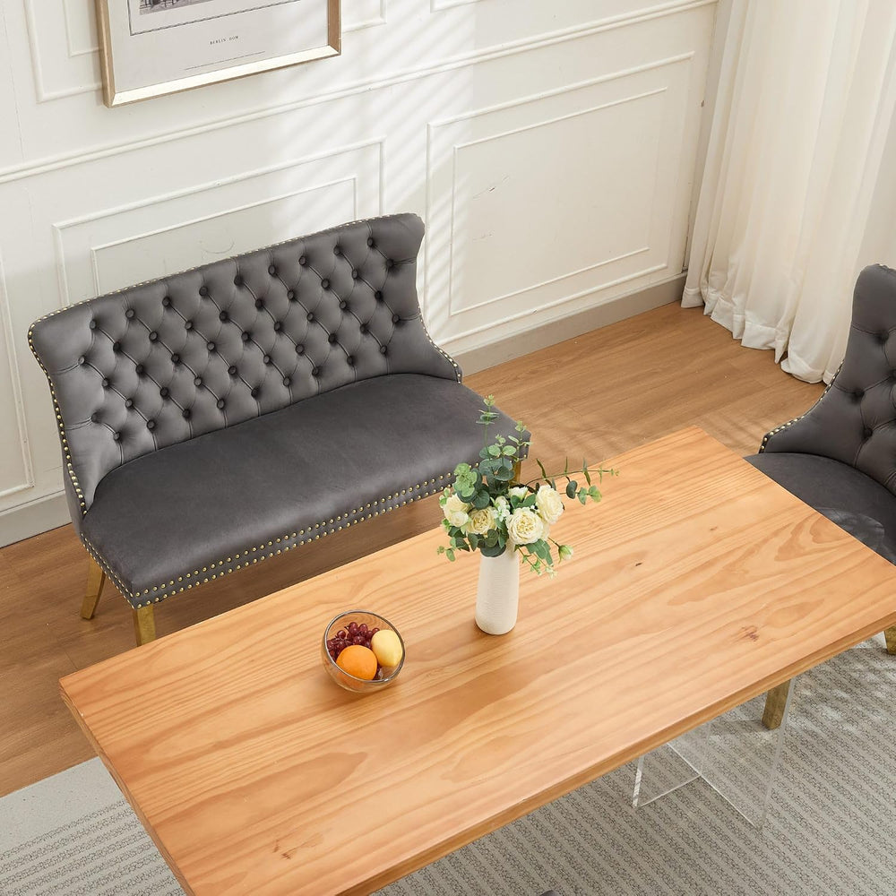 Velvet Upholstered Dining Bench with Back, 45.6'' Tufted Loveseat Ben...