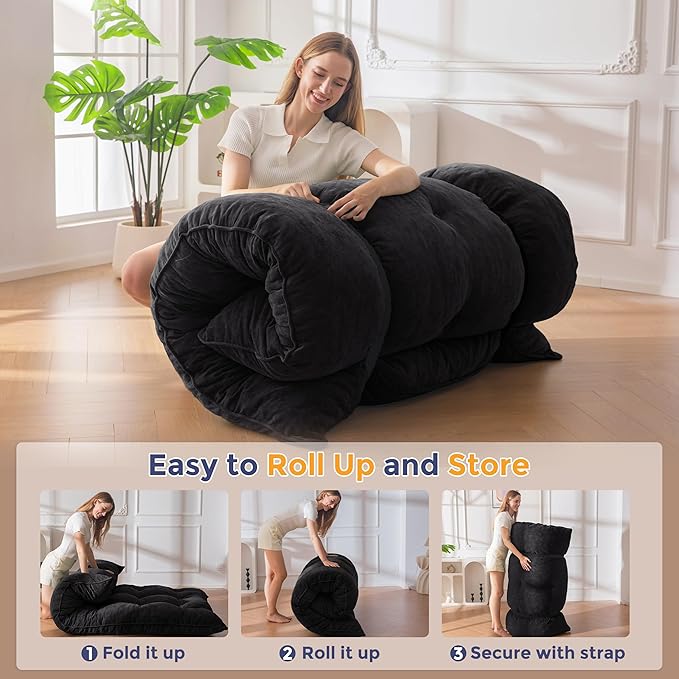 MAXYOYO Japanese Floor Mattress Full Size, 6" Foldable Futon Mattress Tufted Roll Up Floor Bed, Thick Chenille Tatami Mat Sleeping Pad for Camping Guest Room Dormitory Bedroom RV, Black